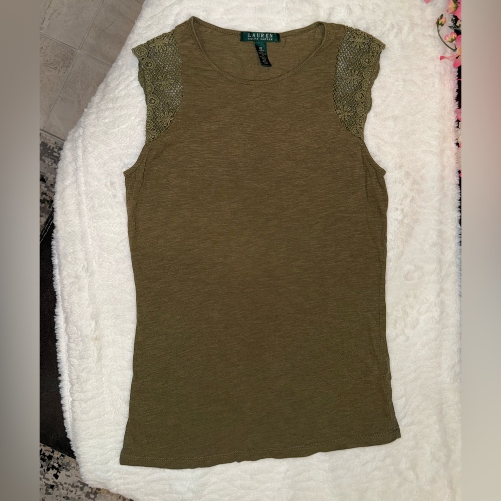 2 x 20$ Ralph Lauren Olive Green Crochet-Shoulder Tank Top Size XS